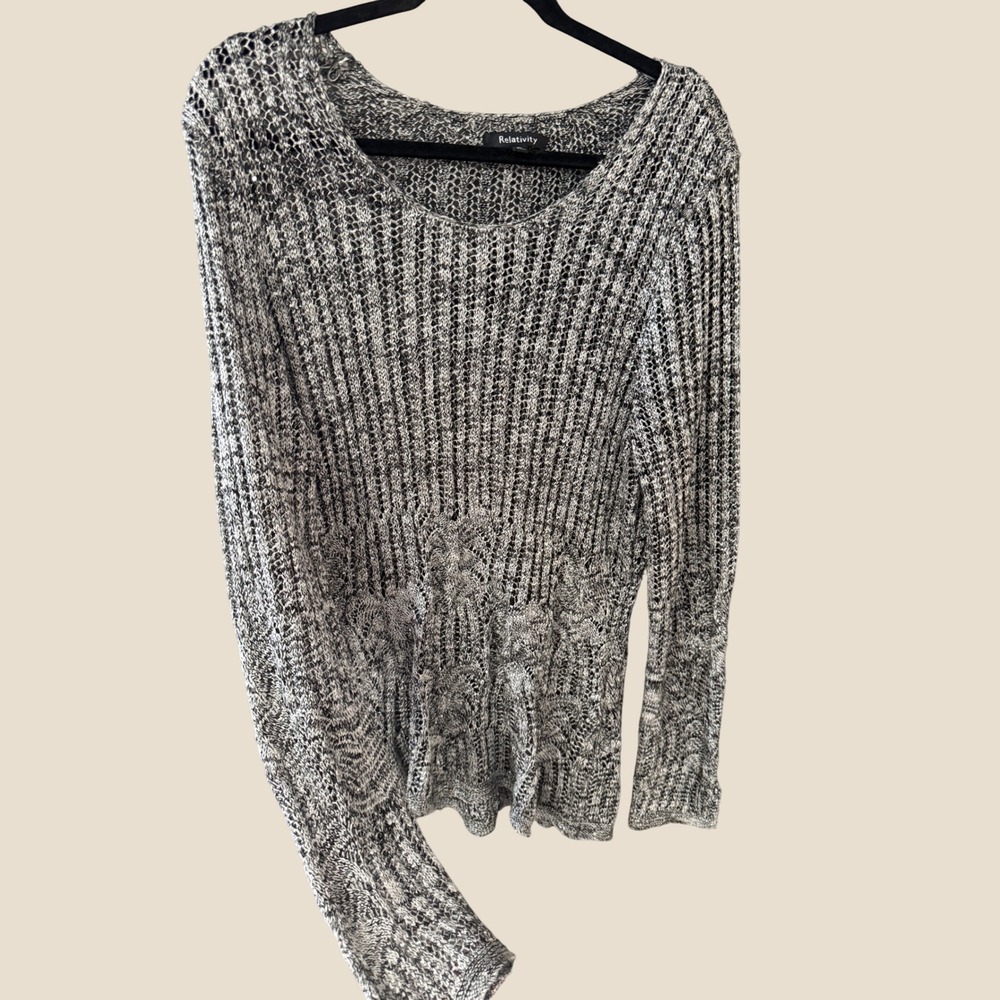 Relativity Y2k Sparkle XL Black White Marled Open Knit Pointelle Long Sl Sweater